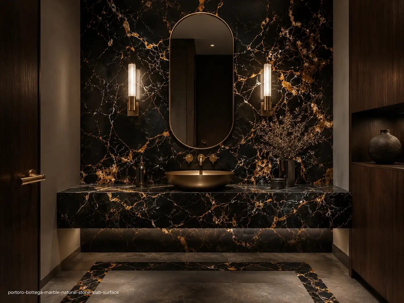 Polished artisanal luxury slab on a powder room vanity wall and countertop with black depth and luminous gold-bronze veining.
