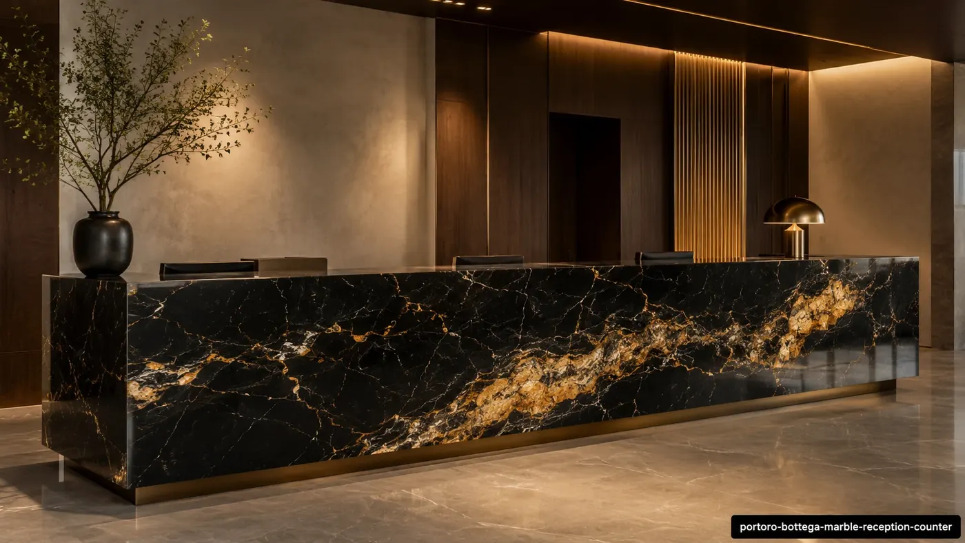 Portoro Bottega Marble reception counter with deep black stone and energetic gold, bronze and cream veining.