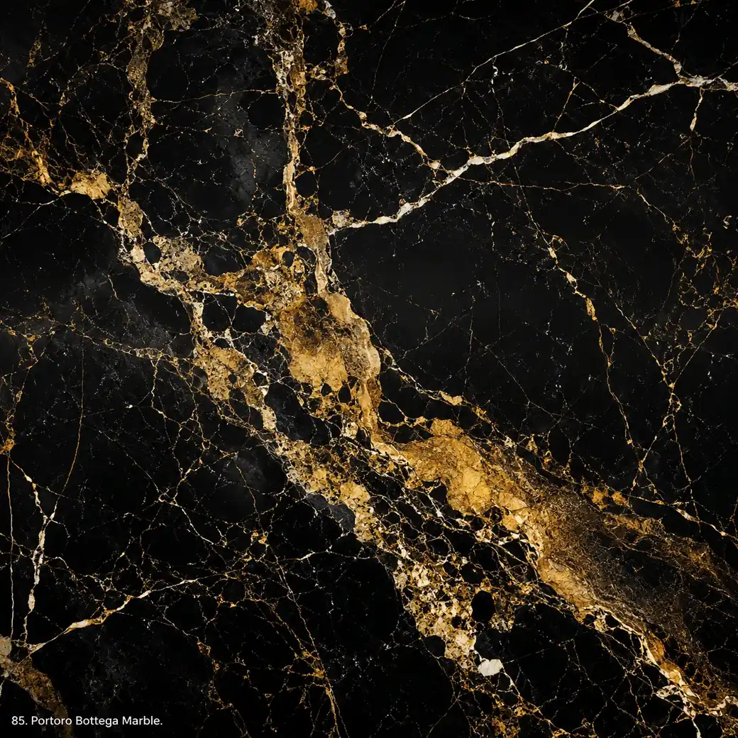 Portoro Bottega Marble with boutique black gold stone, rich bronze clouds, cream threads and deep jewel-like polished depth.