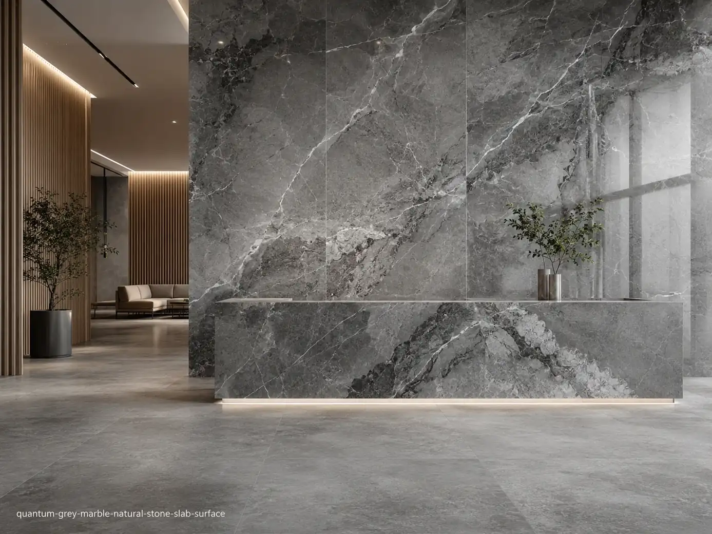 Sleek contemporary architectural slab on walls, reception desk and flooring with silver-grey clouds and white fractures.