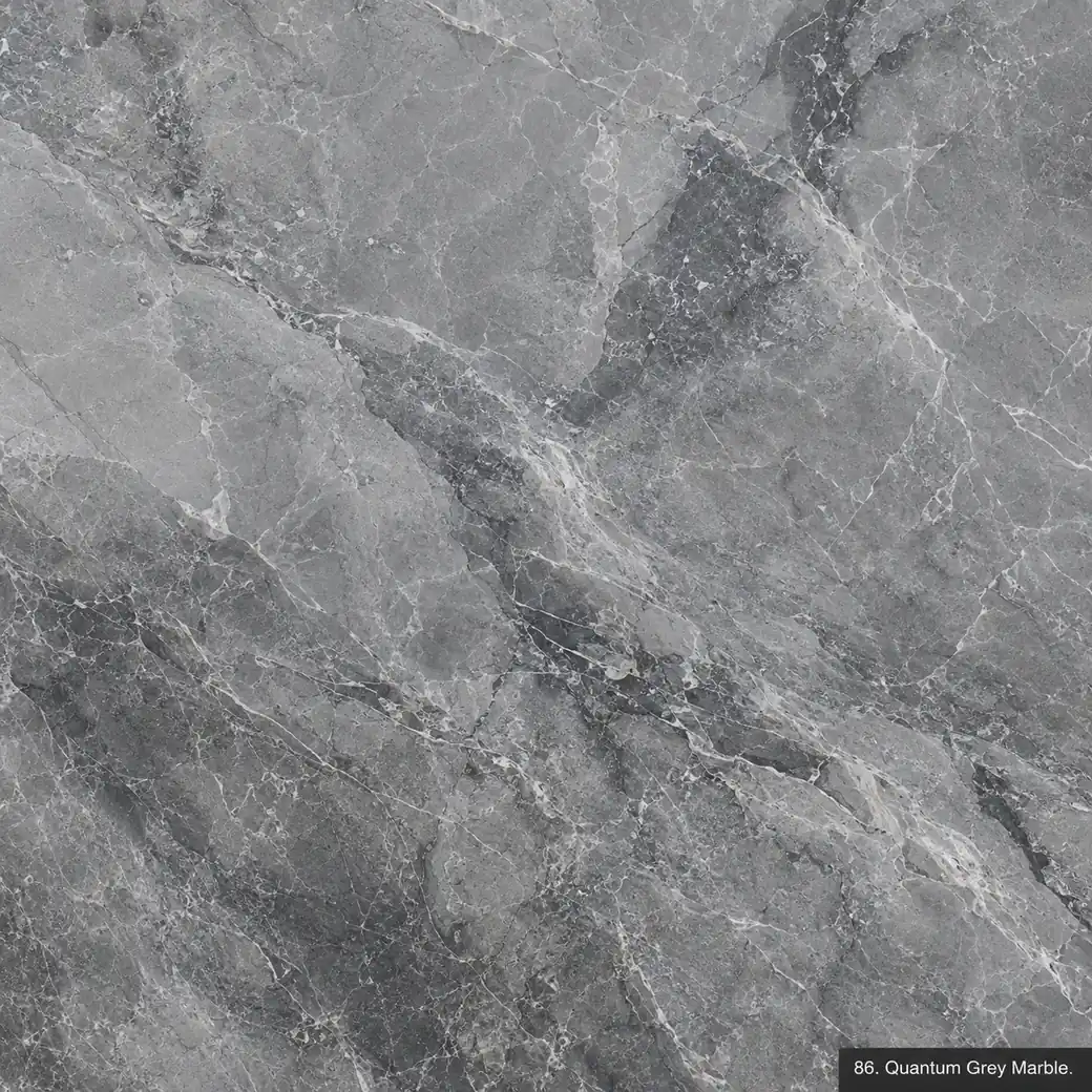 Quantum Grey Marble with futuristic grey natural stone, silver clouds, charcoal veins and a refined polished mineral finish.