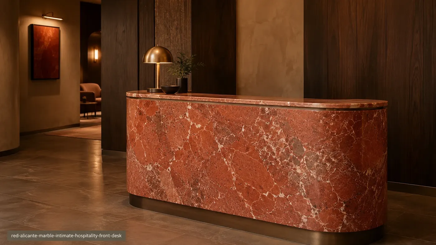 Red Alicante Marble front desk with honed terracotta-red stone, ivory calcite lines and grey-brown details.