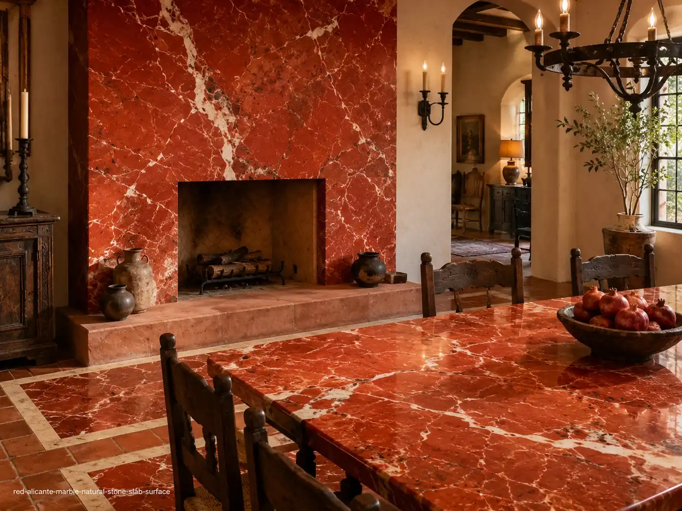 Warm terracotta architectural slab on a dining fireplace, table and floor inlays with coral red and ivory calcite veining.
