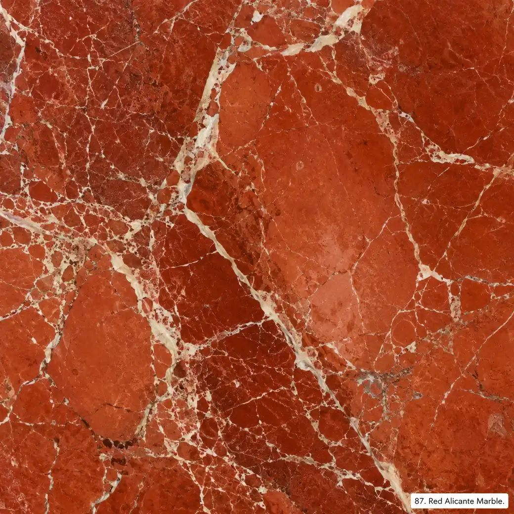 Red Alicante Marble with rich Spanish red stone, natural ivory fractures, coral clouds and a vivid polished mineral finish.
