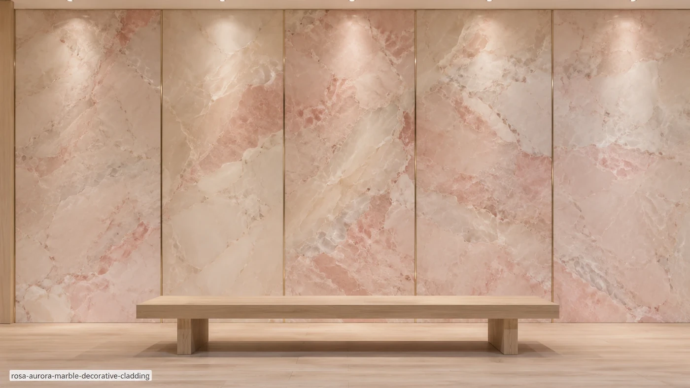 Rosa Aurora Marble wall cladding with pale blush-pink stone, cream bands and delicate wispy grey veins.