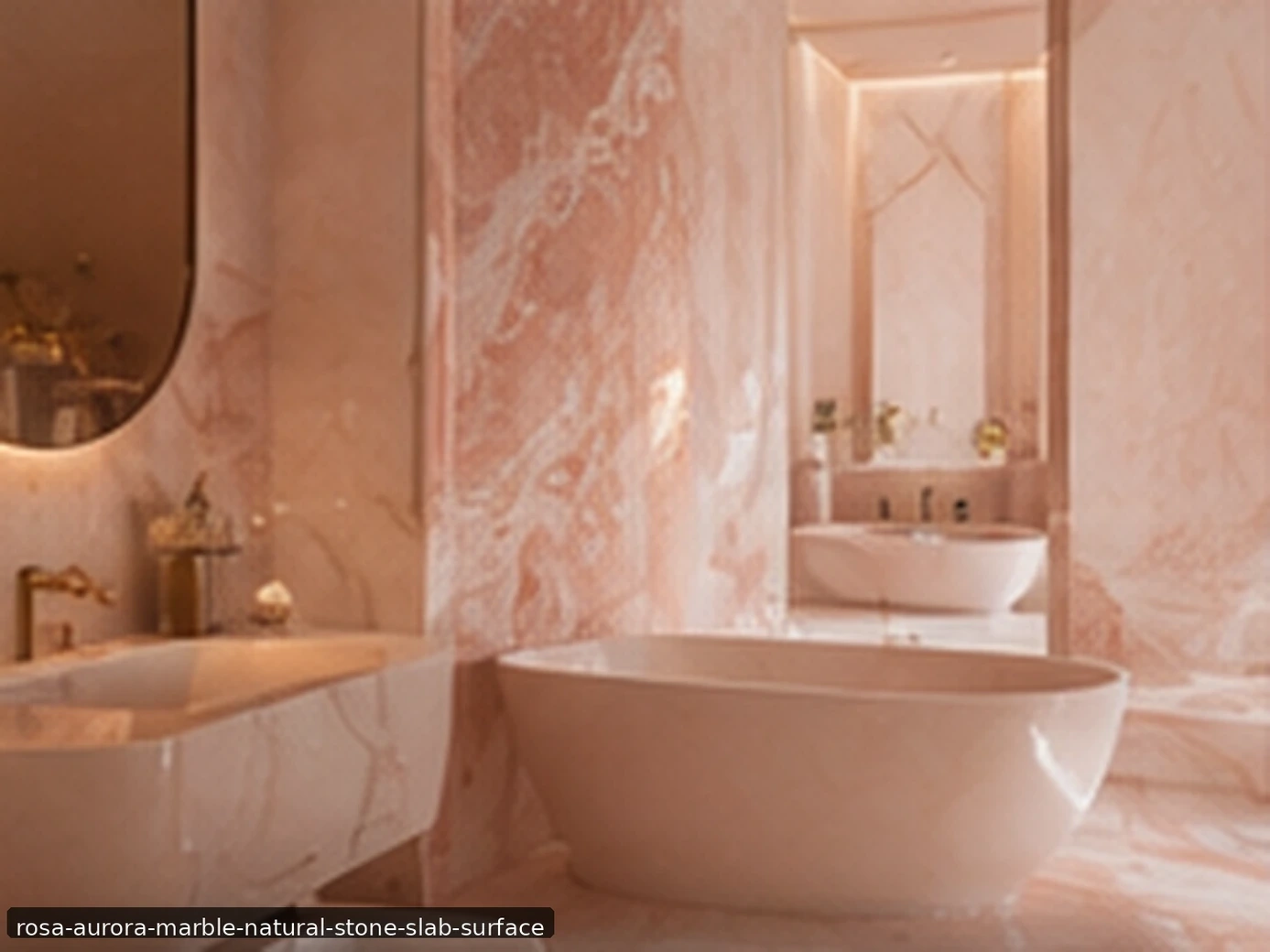 Luminous romantic architectural slab on a vanity wall, curved counter, tub surround and shower with blush-cream movement.
