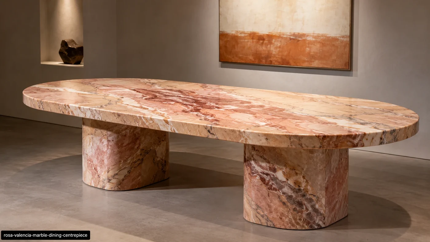 Rosa Valencia Marble dining table with peach-pink stone, terracotta veins and a sculptural oval top.