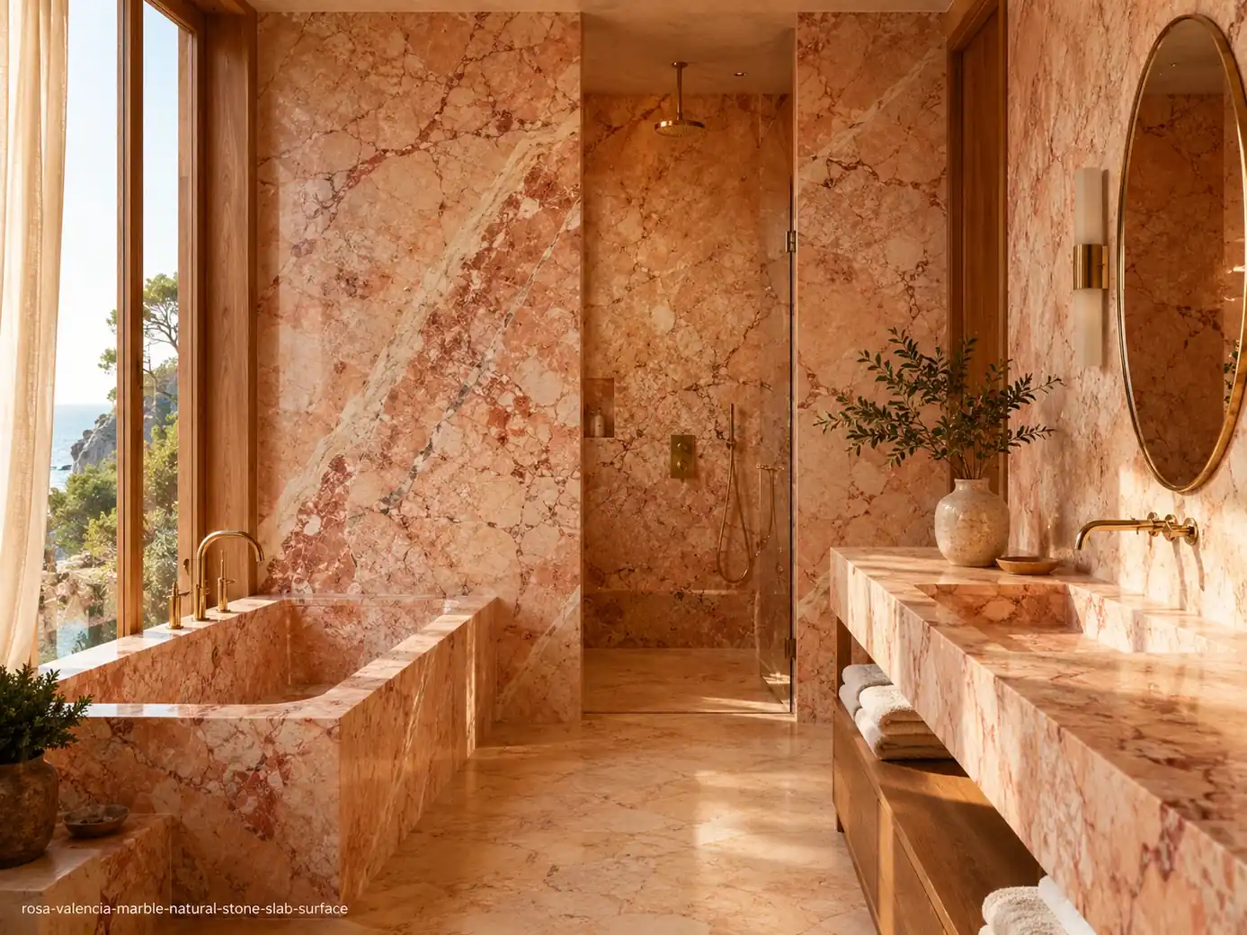 Elegant Mediterranean architectural slab across a vanity, tub surround, shower walls and flooring with warm peach-red veins.