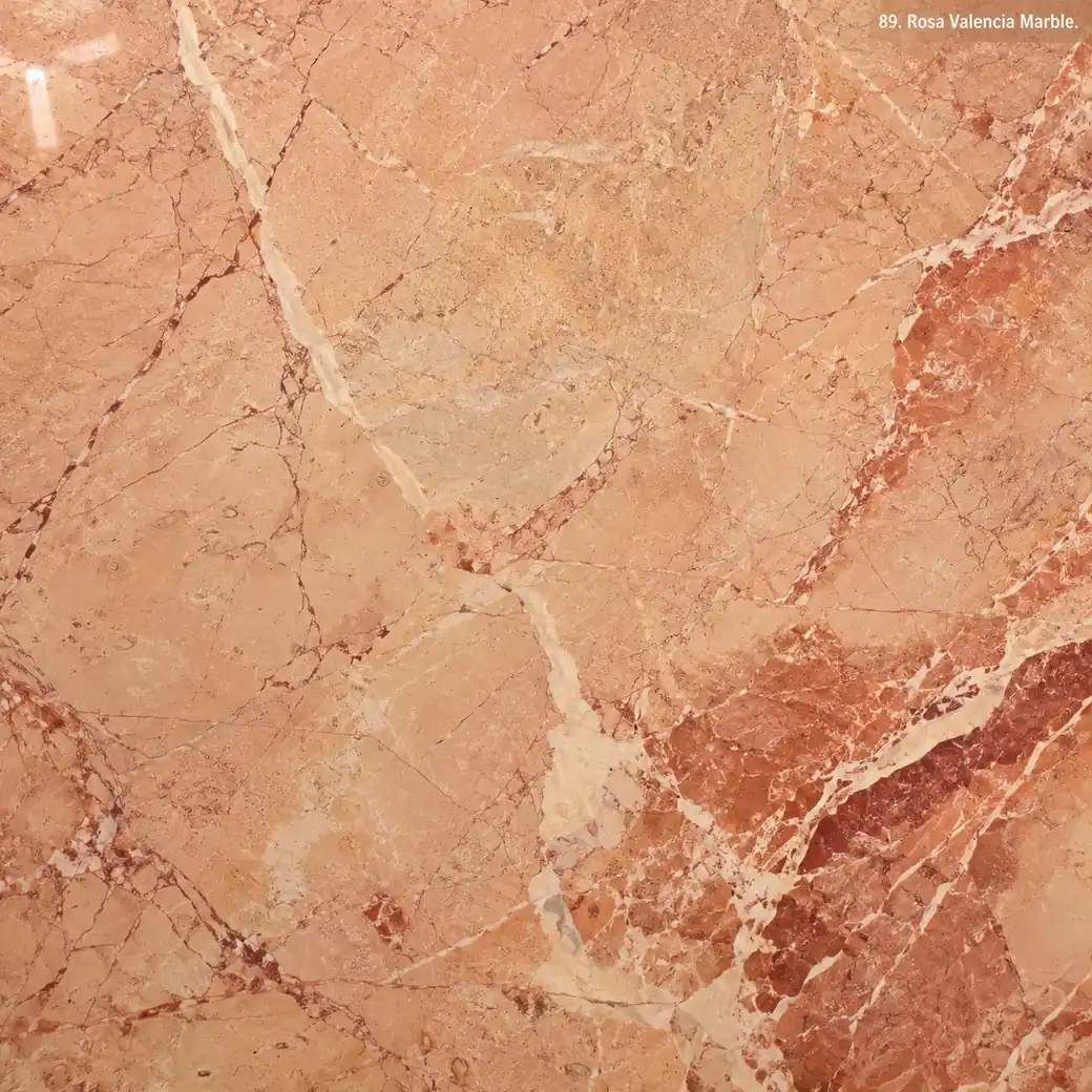 Rosa Valencia Marble with warm Spanish pink stone, natural terracotta veins, cream seams and a rich polished mineral finish.