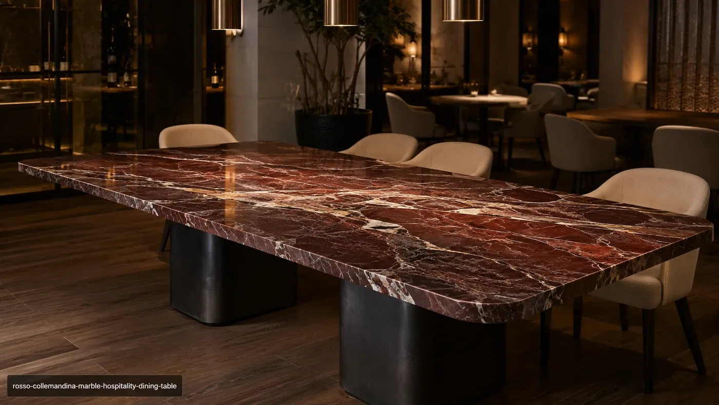 Rosso Collemandina Marble dining table with burgundy-red stone, cream veins and warm golden details.