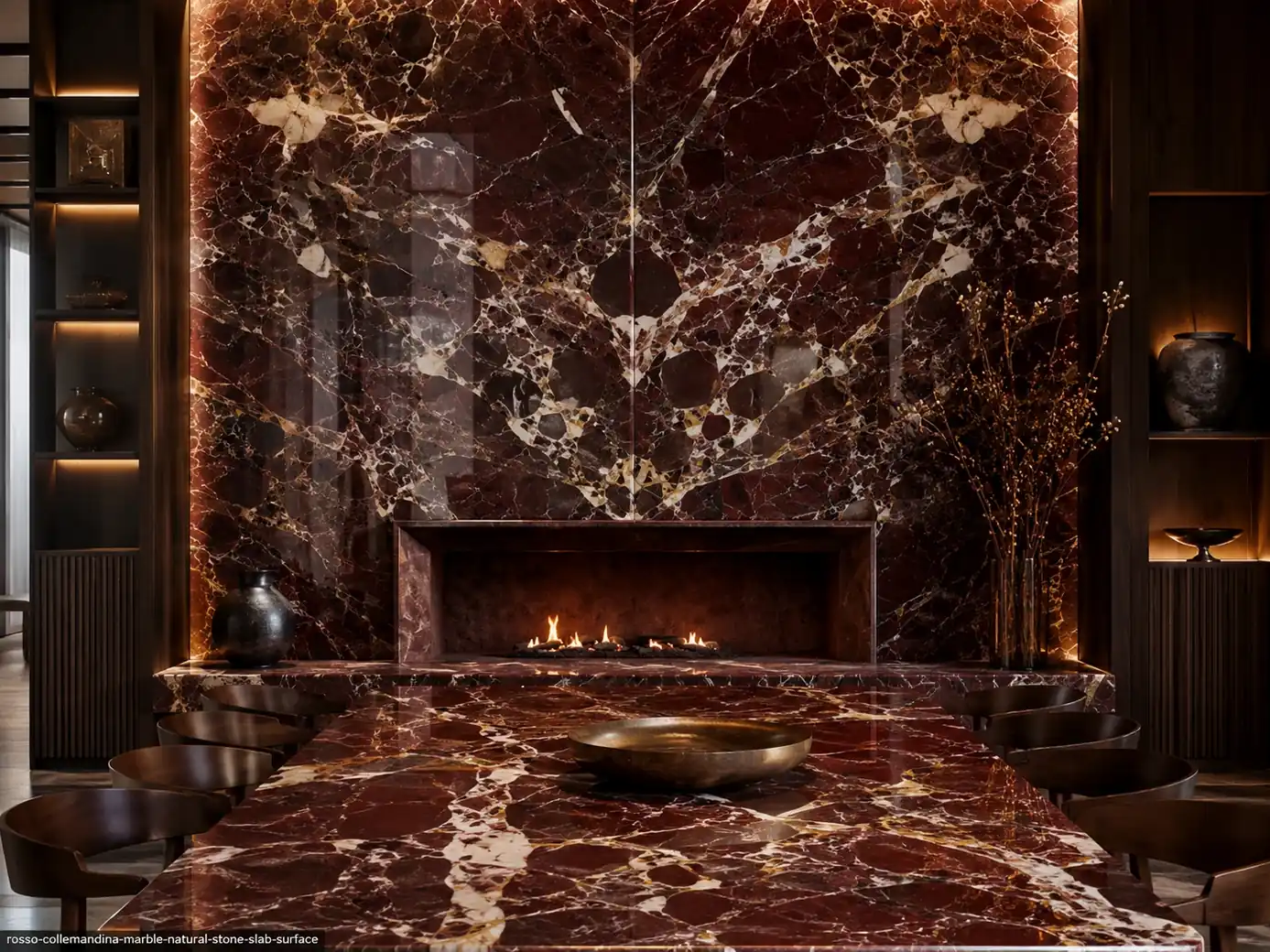 Rich burgundy architectural slab on a dining feature wall, fireplace and table with wine-red, cream and muted-gold movement.