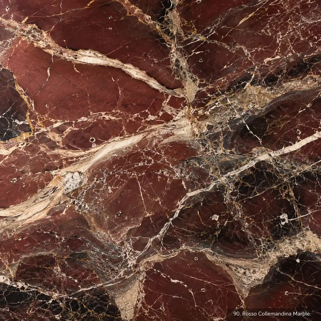 Rosso Collemandina Marble with deep Tuscan red stone, rich cream ribbons, charcoal channels and deep polished mineral depth.