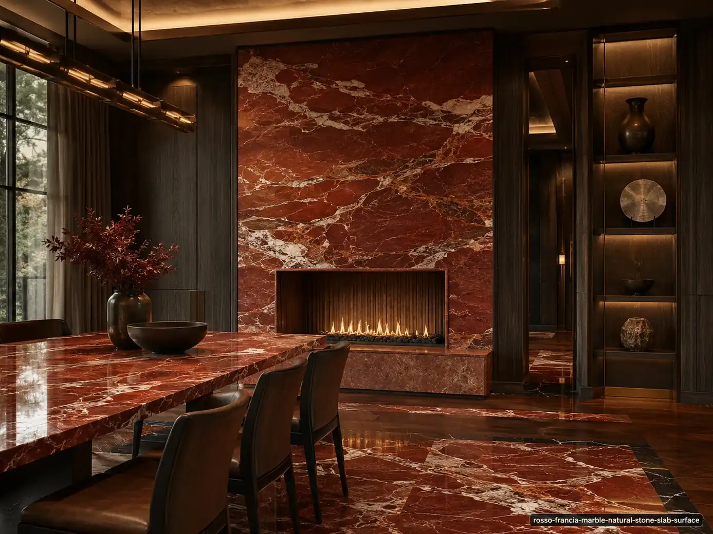 Deep wine architectural slab on a dining fireplace wall, table and floor inlays with brick red, terracotta and white ribbons.