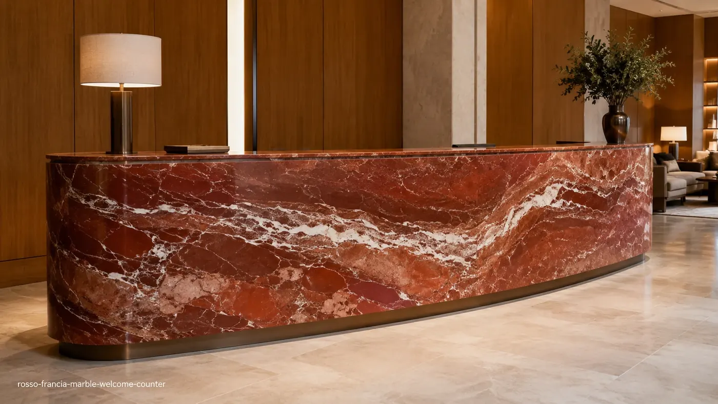 Rosso Francia Marble welcome counter with brick-red stone and flowing white, cream and pale-grey ribbons.