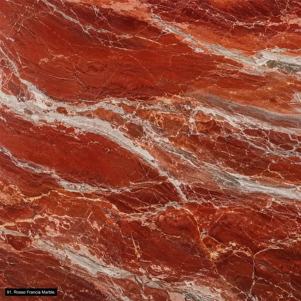 Rosso Francia Marble with rich crimson heritage stone, pale calcite ribbons, rust clouds and vivid polished mineral depth.