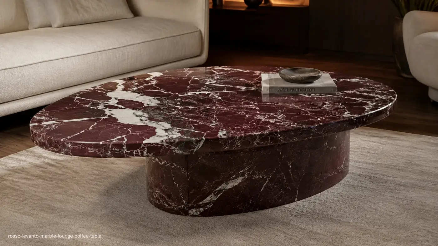Rosso Levanto Marble coffee table with deep burgundy stone, bold white calcite ribbons and a sculptural base.