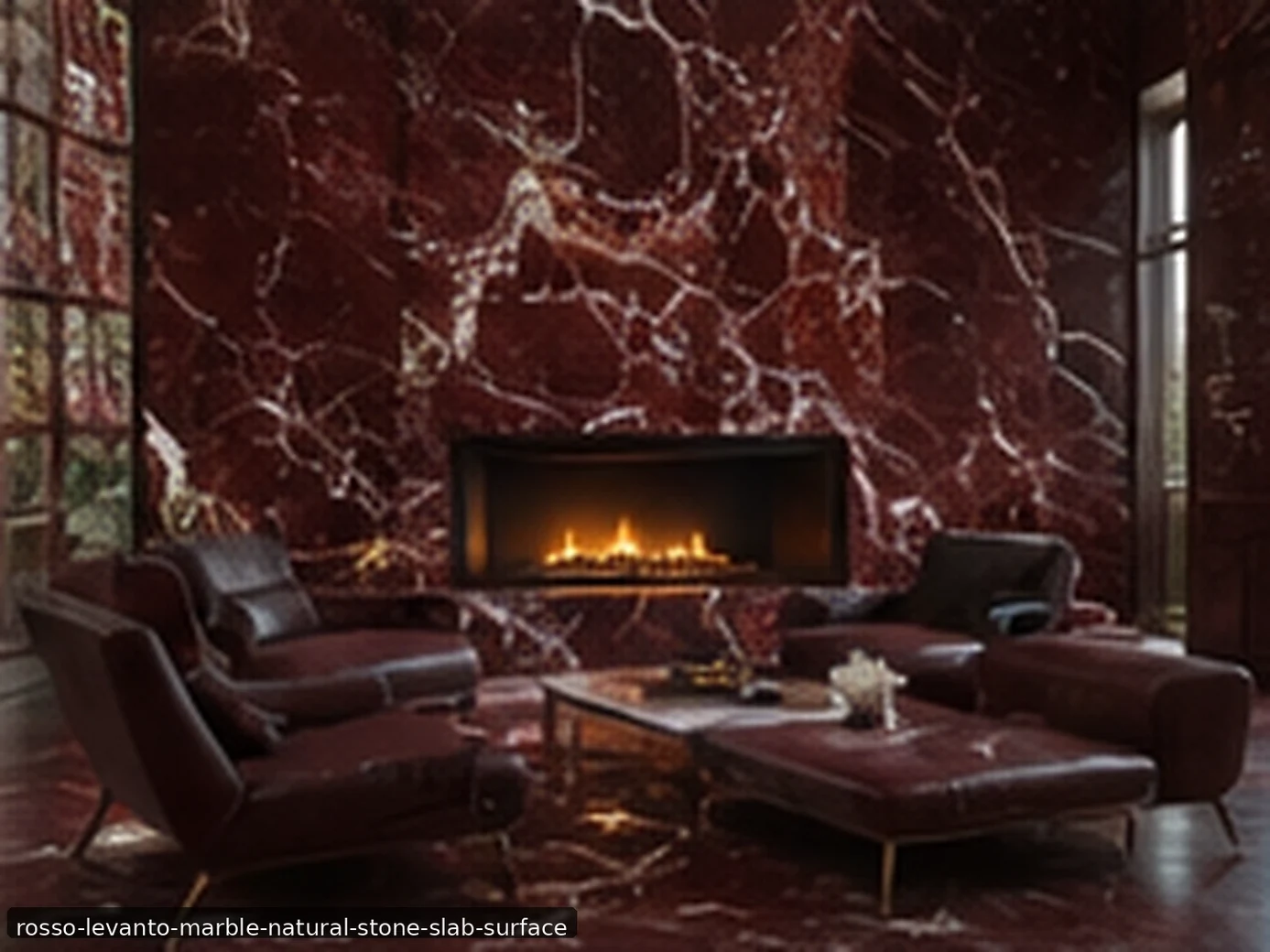 Polished Mediterranean architectural slab on a lounge fireplace wall, bar and tables with burgundy depth and white veining.
