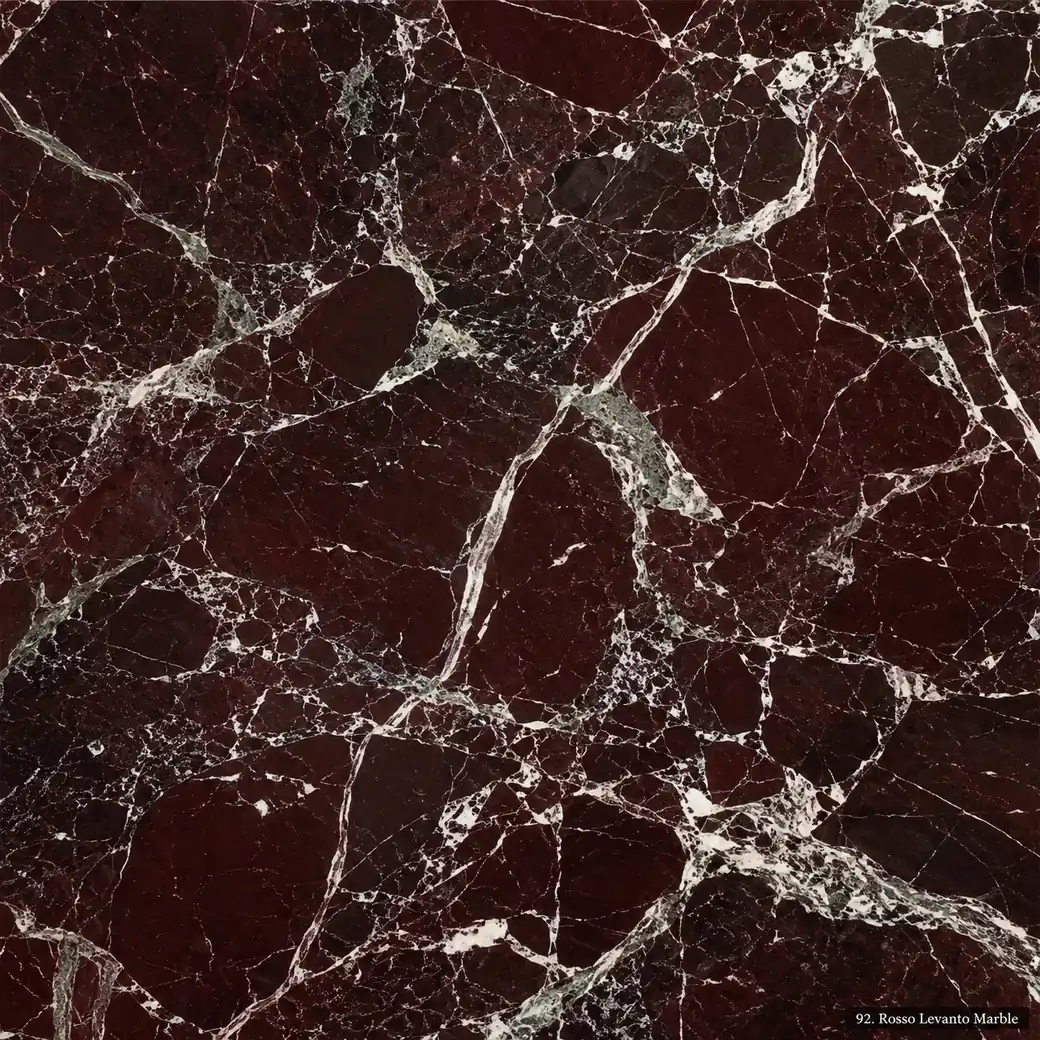 Rosso Levanto Marble with deep cherry red stone, white calcite fractures, maroon fields and mirror-polished mineral depth.