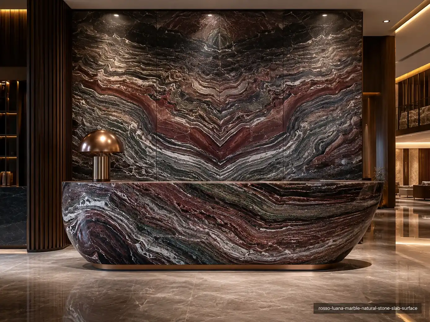 Dramatic Italian architectural slab on lobby wall and reception desk with folded maroon, charcoal, silver and white ribbons.