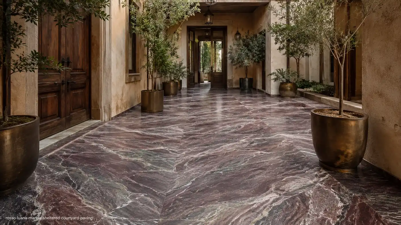 Rosso Luana Marble courtyard paving with honed maroon, charcoal, purple, green and white flowing bands.