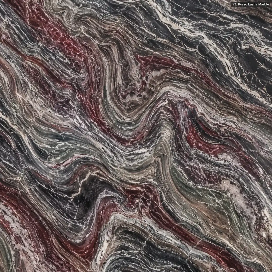 Rosso Luana Marble with flowing red violet stone, deep charcoal folds, silver lines and rich polished layered mineral depth.