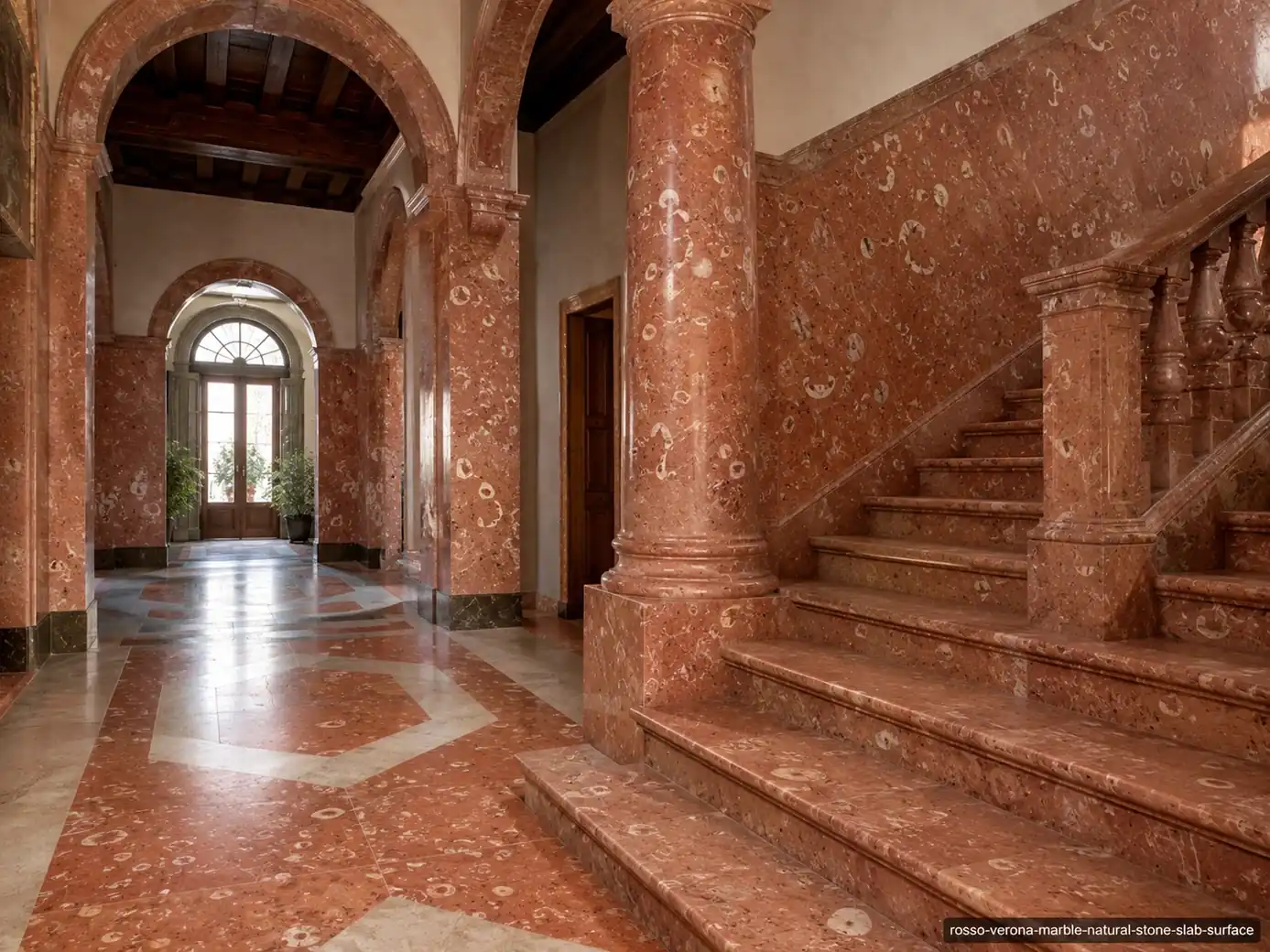 Classic Italian architectural slab across a grand staircase, walls, columns and flooring with terracotta and fossil details.