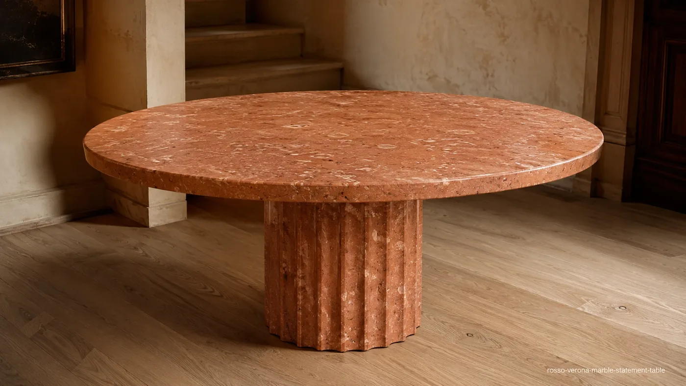 Rosso Verona Marble statement table with terracotta-red stone, fossil details and subtle cream veining.