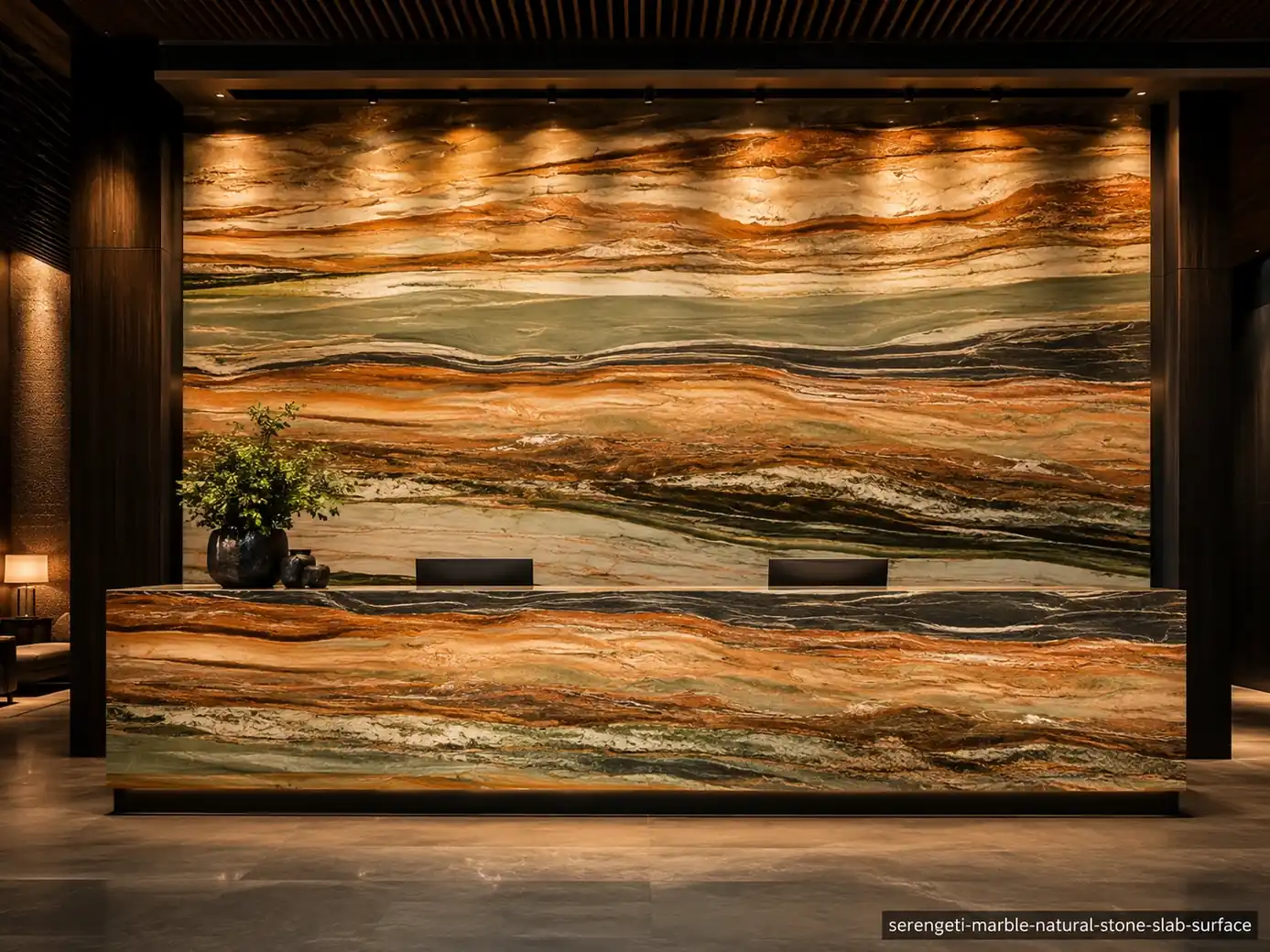 Dramatic landscape patterned slab on a lobby wall and counter with rust, ochre, olive, cream and charcoal horizontal layers.