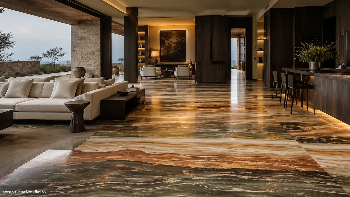 Serengeti Marble villa floor with honed rust, ochre, olive, cream and charcoal bands resembling desert strata.
