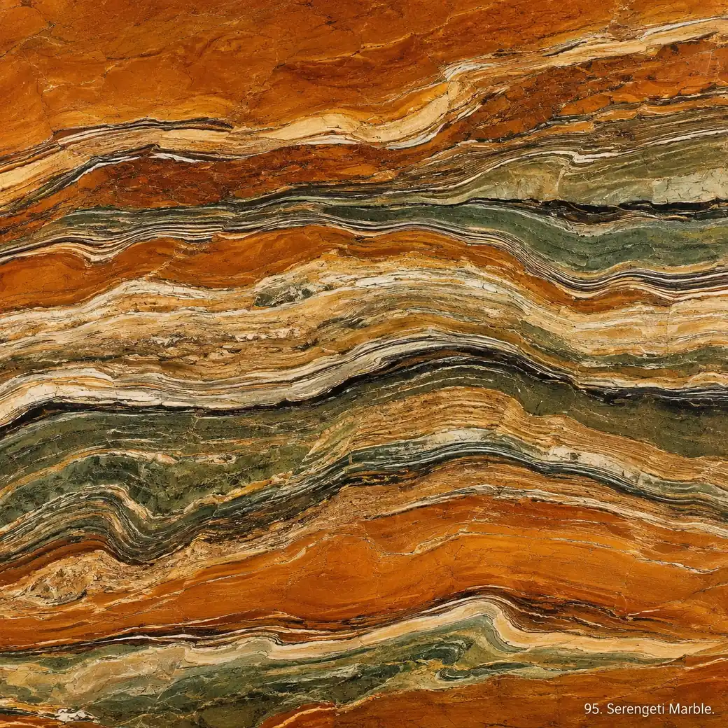 Serengeti Marble with savanna inspired multicolor stone, warm rust bands, olive layers, cream lines and rich polished depth.