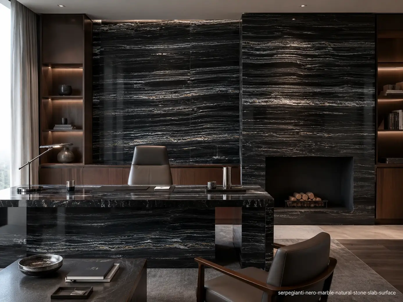 Dark striped architectural slab on office wall panels, desk and fireplace with black, graphite and silver parallel bands.