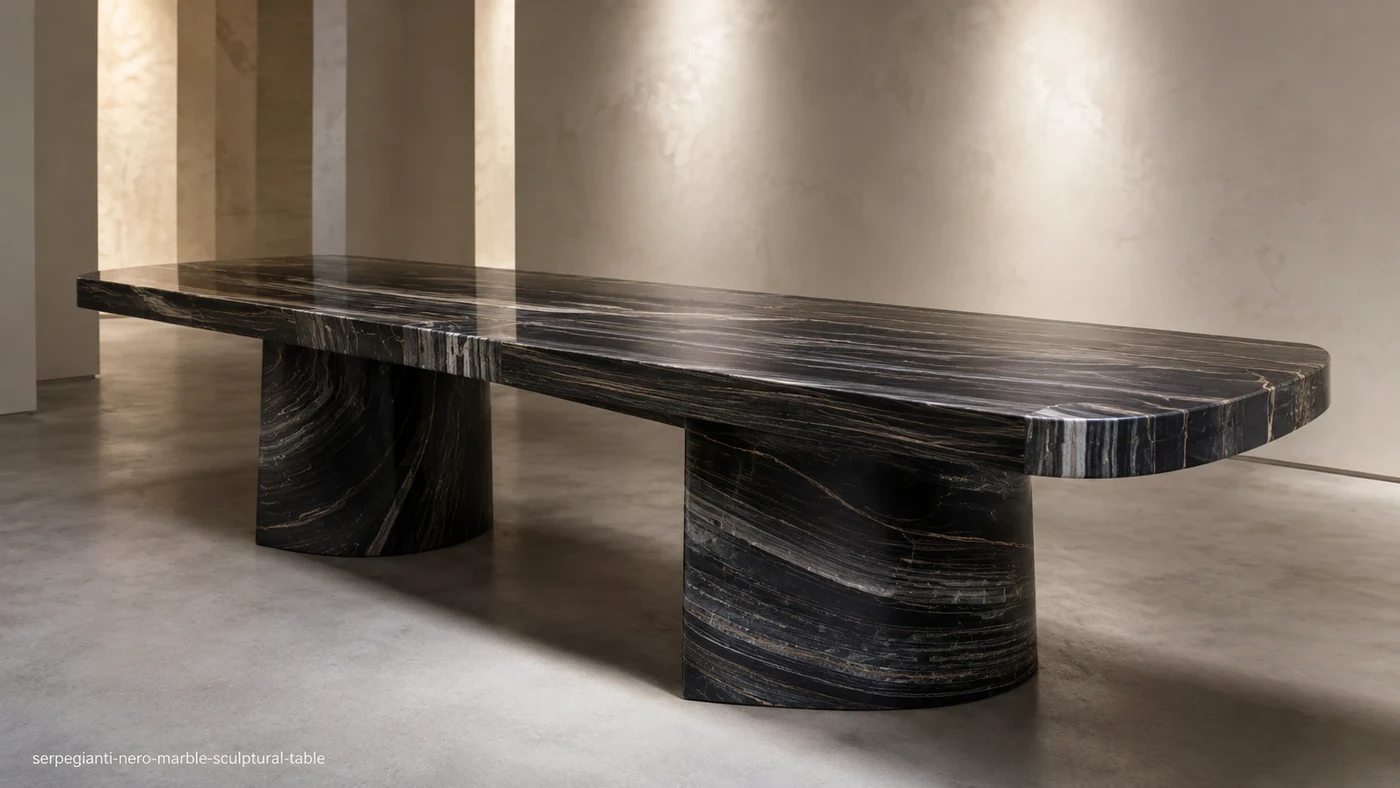 Serpegianti Nero Marble sculptural table with black stone and parallel silver-grey bands resembling ebony grain.