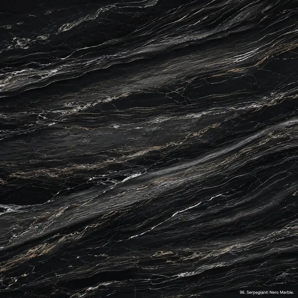 Serpegianti Nero Marble with black wood grain stone, silver ribbons, graphite waves and a deep polished directional finish.