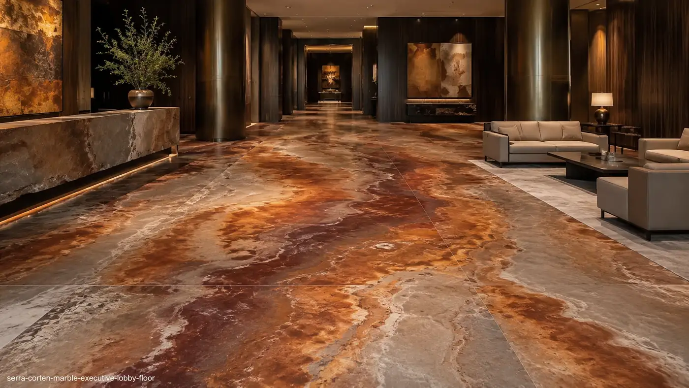 Serra Corten Marble executive lobby floor with honed copper, rust, burgundy and cream flame-like movement.