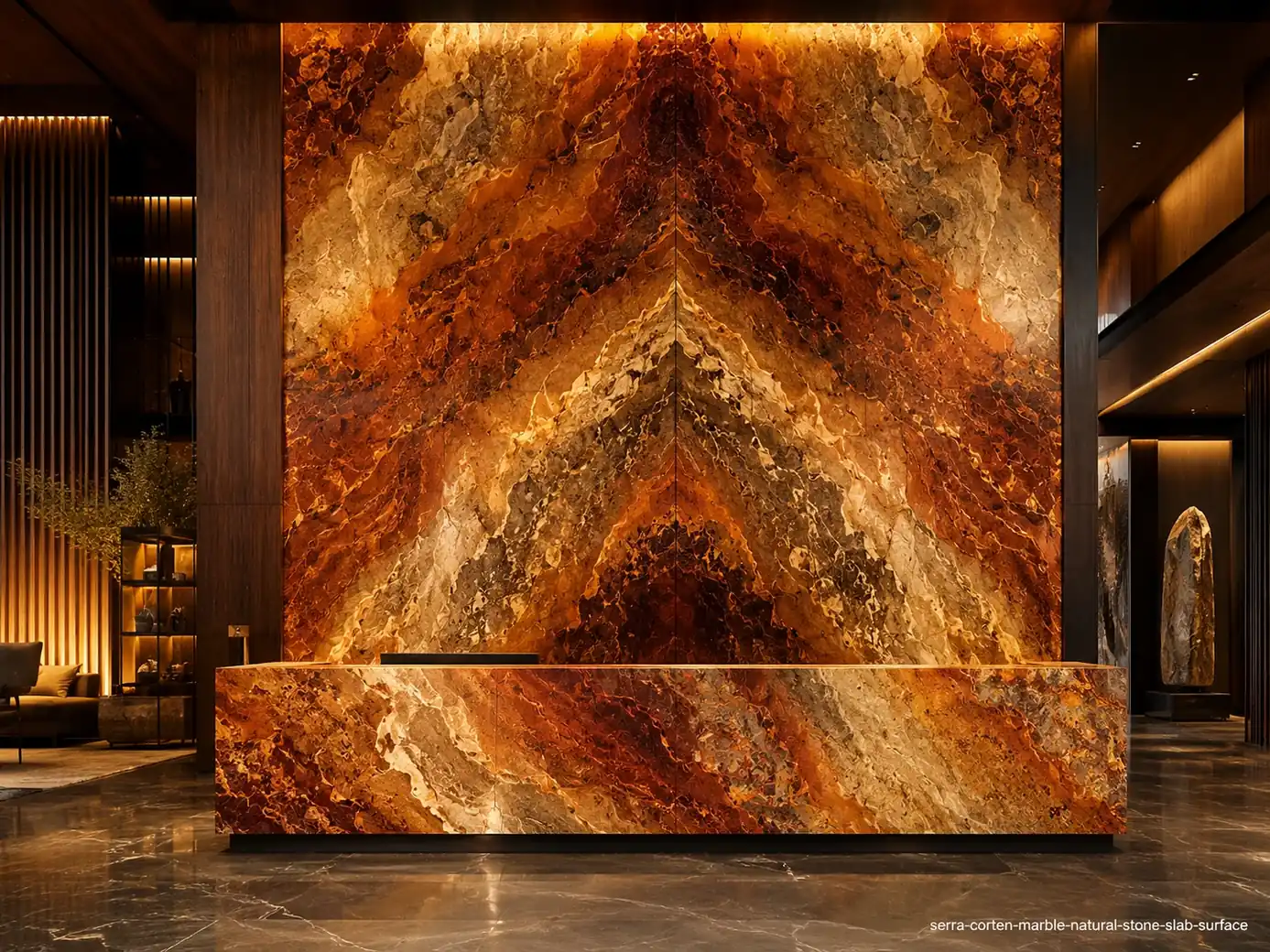 Warm brown architectural slab on a lobby wall and reception counter with copper, rust, cream and flame-like mineral waves.