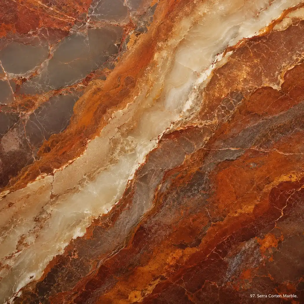 Serra Corten Marble with rust toned industrial stone, dramatic copper waves, beige ridges and rich polished mineral depth.
