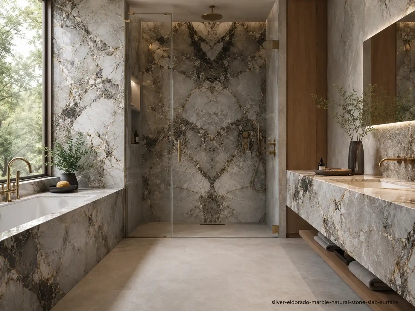 Refined metallic architectural slab on a shower wall, vanity and tub surround with silver islands and dark root channels.