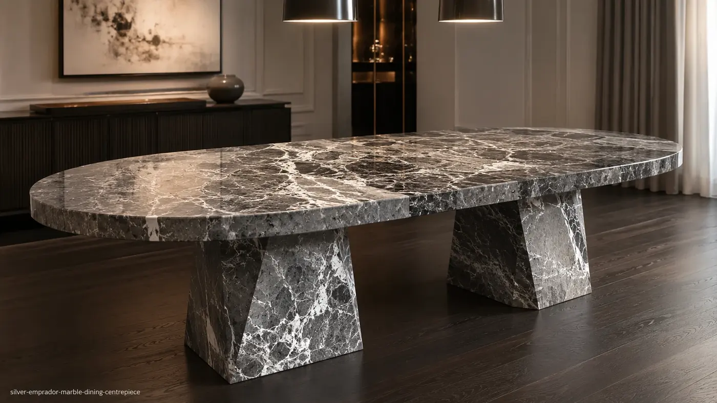Silver Emprador Marble dining table with graphite-grey stone and dense white calcite fracture networks.