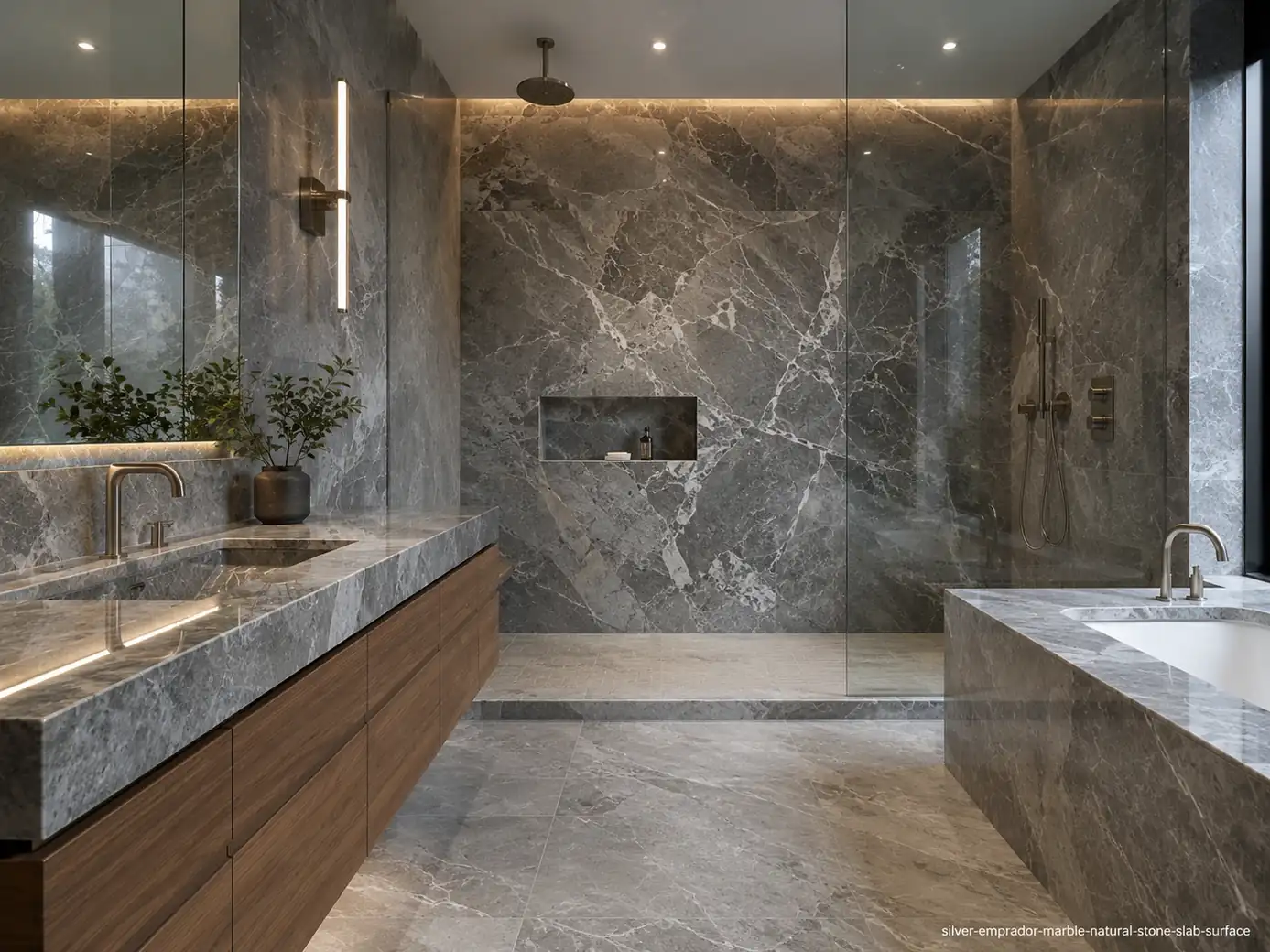 Polished elegant architectural slab on shower walls, vanity, tub area and flooring with silver-grey and white calcite veins.