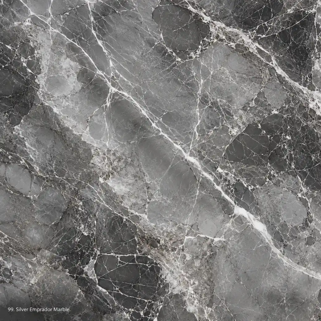 Silver Emprador Marble with smoky silver brown stone, calcite networks, graphite clouds and deep polished mineral depth.