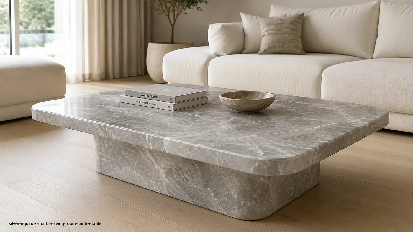 Silver Equinox Marble centre table with pale silver-grey stone, translucent clouds and a smooth monolithic base.