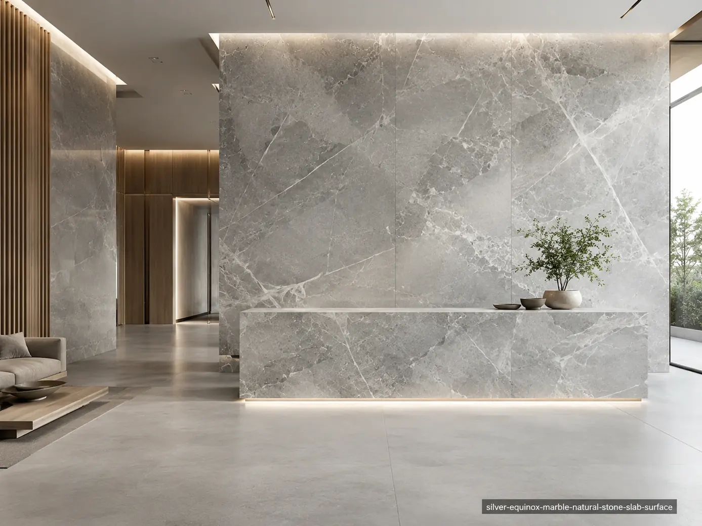 Sleek contemporary architectural slab across lobby panels, reception desk and flooring with dove-grey clouds and white lines.