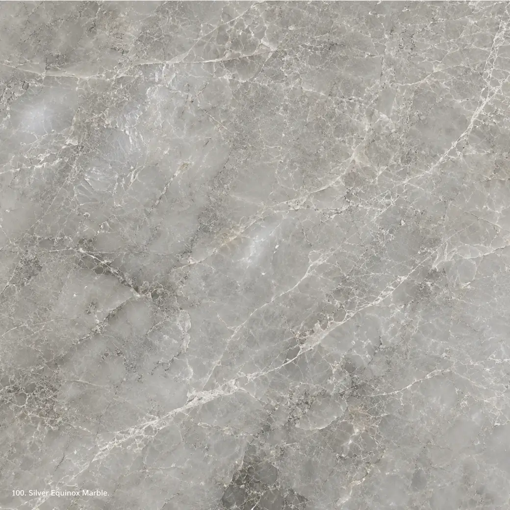 Silver Equinox Marble with balanced silver grey stone, pale fractures, soft clouds and a refined polished mineral finish.