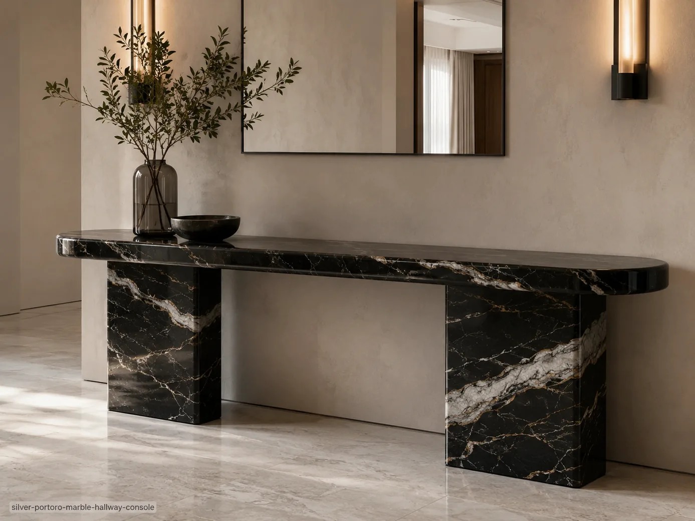Silver Portoro Marble hallway console with black-charcoal stone and elegant silver and champagne veins.
