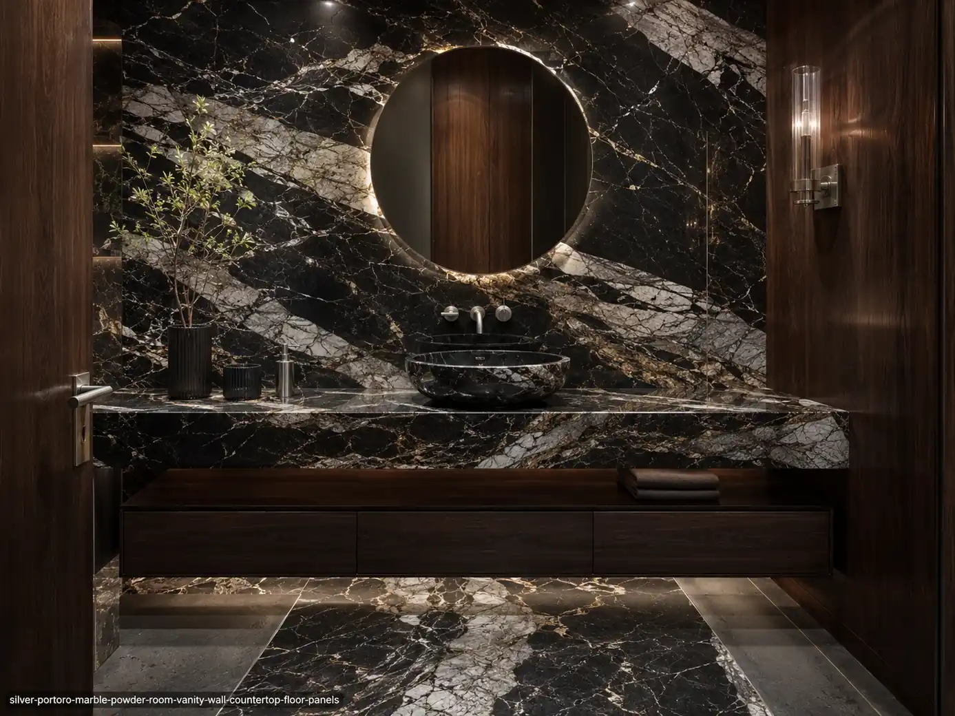 Polished high contrast architectural slab in a powder room with black vanity wall, countertop and silver-veined floor panels.