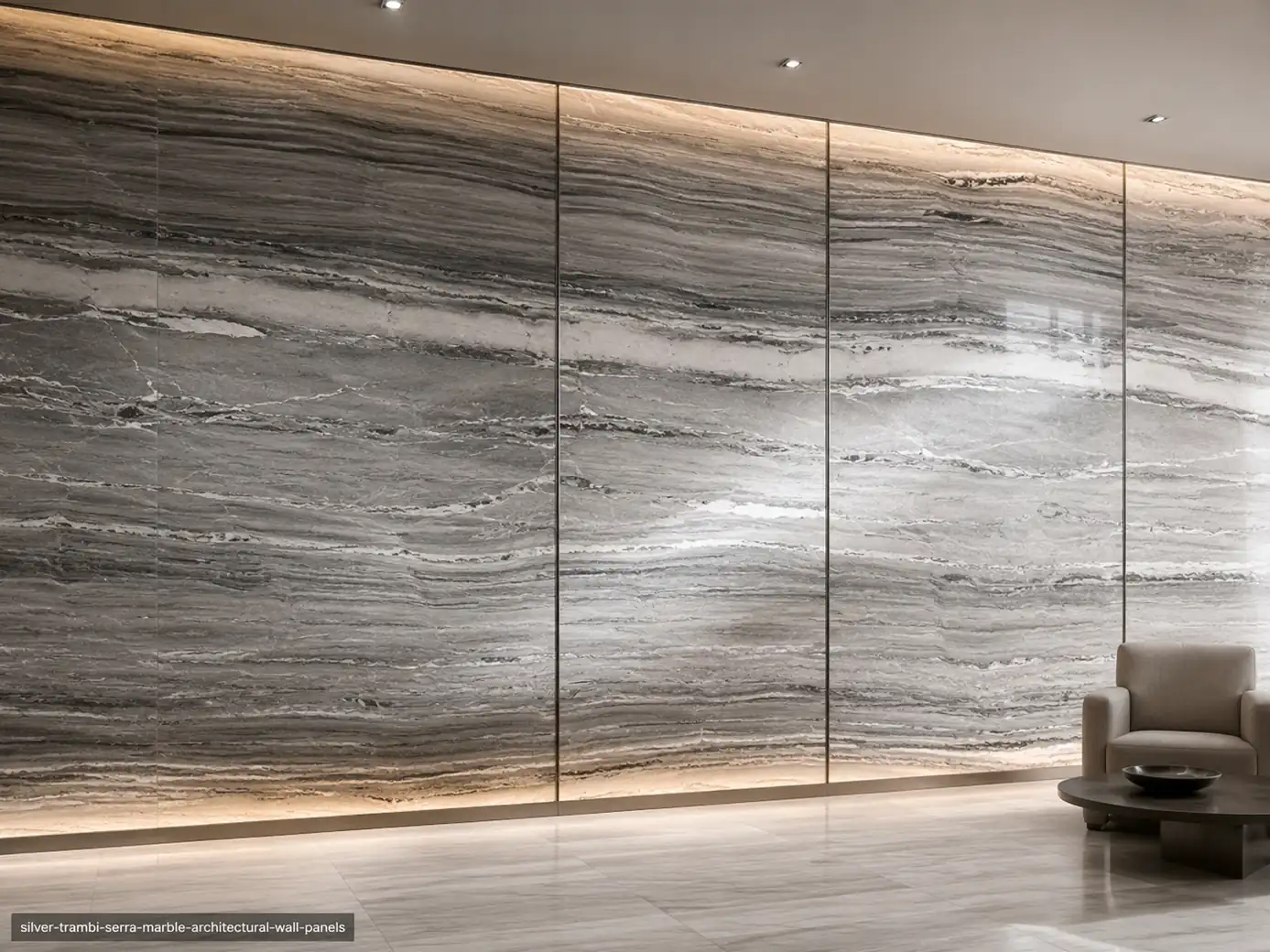 Silver Trambi Serra Marble wall panels with layered silver, pearl, smoke and charcoal horizontal bands.