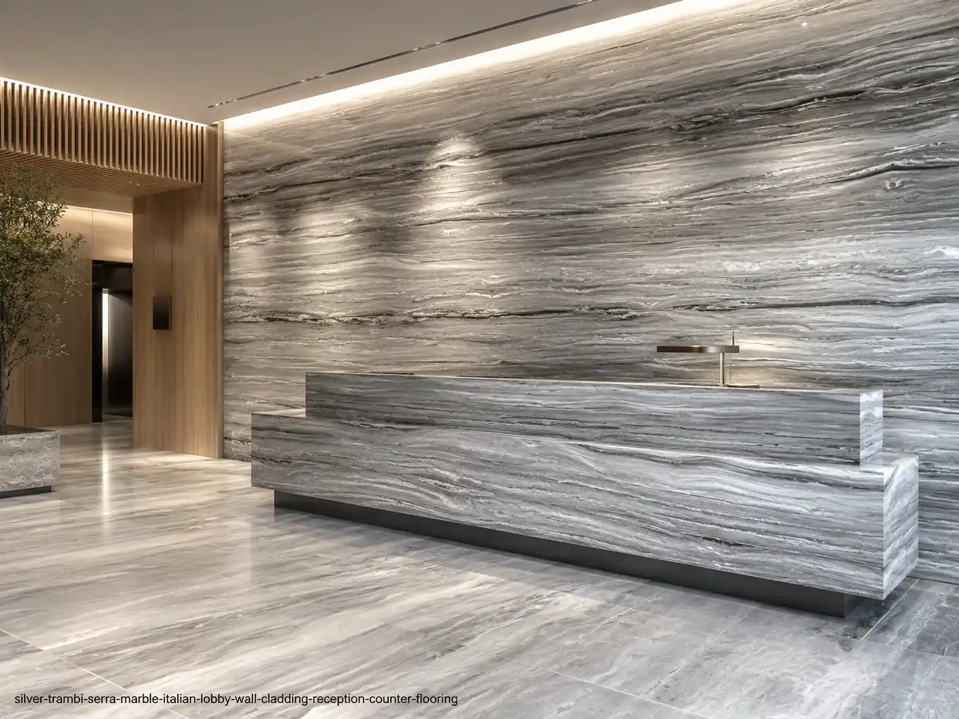 Refined Italian architectural slab across lobby wall cladding, reception counter and flooring with linear silver-grey bands.