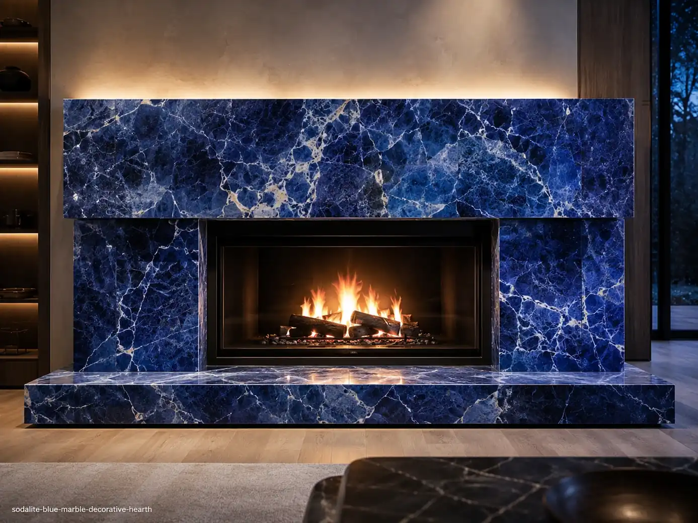 Sodalite Blue Marble hearth with royal blue stone, bold white calcite veins and a black metal firebox frame.