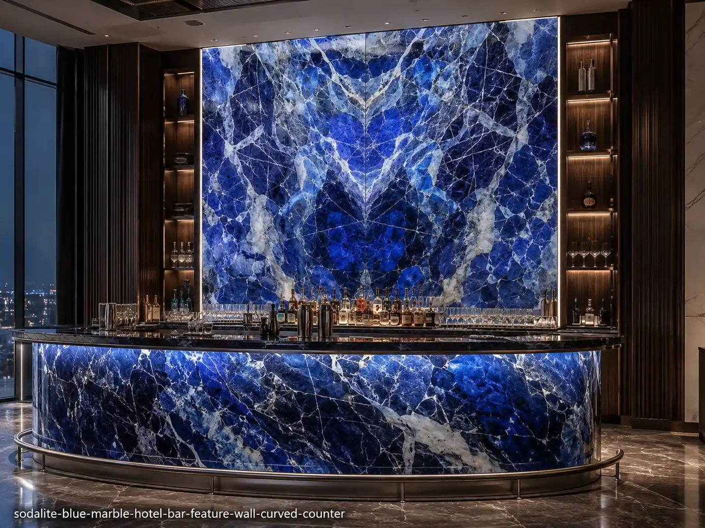 Jewel toned architectural slab on a hotel bar feature wall and curved counter with royal blue fields and bold white calcite.
