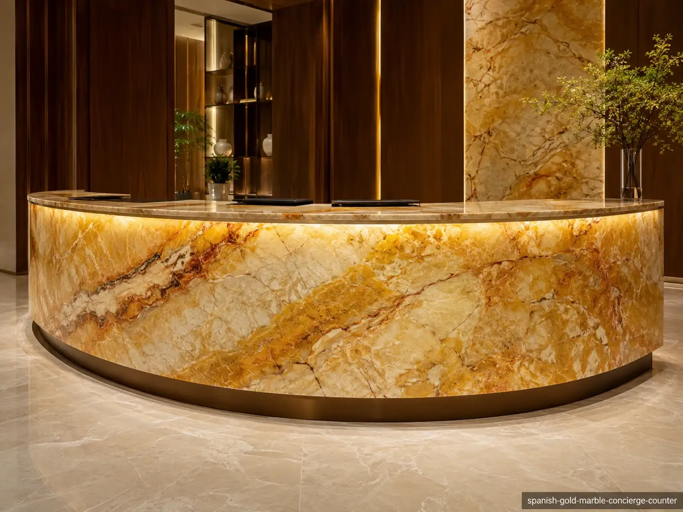 Spanish Gold Marble concierge counter with honey-gold stone, cream calcite and restrained burgundy details.